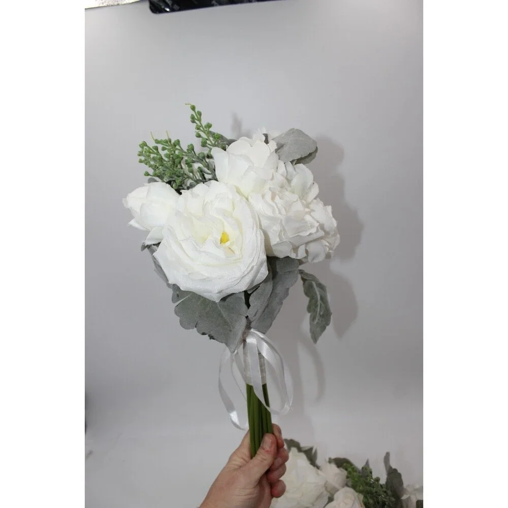 Wedding Artificial Flower Bouquet Lot of 3 Bridesmaid Bridal Flower Girl WHITE